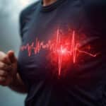 Une personne avec sur la poitrine un schéma d'arythmie cardiaque